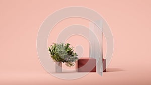 Square red showcase Intersected by matt glass, vase with plant on nude beige background. Empty space. 3D rendering.