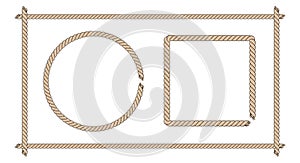 Square and round frames made of thick brown rope. Rope border set. Flat vector illustration isolated on white
