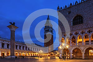 Square San Marco Piazza San Marco with the Doge`s Palace Palazzo Ducale and the bell tower by night, Venice