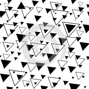 Square seamless background pattern from black triangle symbols are different sizes and opacity. The pattern is evenly