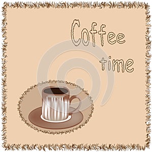 Square serviette with grunge wavy fringe. Applique with coffee cup and lettering  Coffee time . Isolated on white