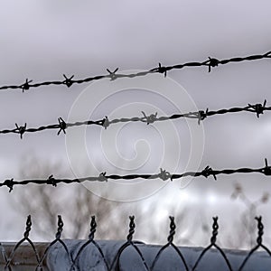 Square Sharp barbed wires of rusty chain link fence with blurred cloudy sky background
