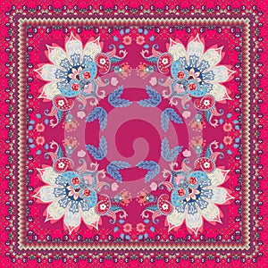 Square shawl or carpet with paisley, half of mandala and ornamental floral border in vintage oriental style. Indian motives