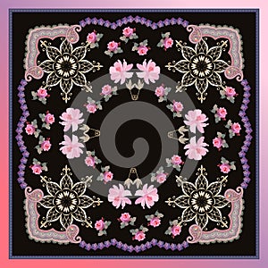 Square shawl with pink rose and cosmos flowers, gplden mandala and ornamental frame on black background in vector