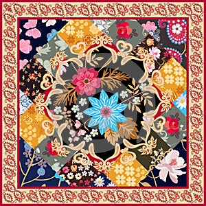 Square silk scarf with stylized mandala, patchwork ornament and paisley border in vector. Ethnic oriental motives. Summer design