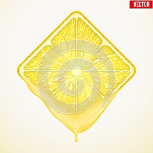 Square slice of lemon with fresh juice. Vector