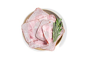 Square Sliced pork meat ham on plate. Isolated on white background.