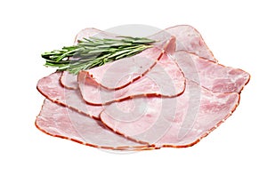 Square Sliced pork meat ham on plate. Isolated, white background.