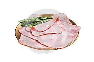 Square Sliced pork meat ham on plate. Isolated on white background. Top view.