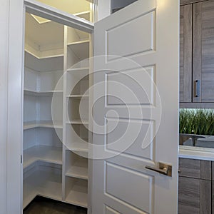 Square Small pantry with empty wall shelves at the corner of the kitchen of home