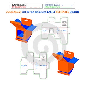 Square snap lock mobile charger box, Hanging window box 2.25x2.25x2.25 inch box die line packaging design and 3D box