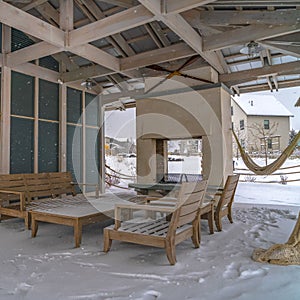 Square Snow covered patio of a clubhouse in Daybreak Utah