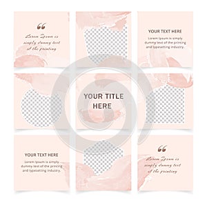 Square social media posts templates set with place for photo. Abstract pastel pink color backgrounds in minimal style with floral