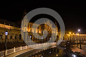 Square of Spain at night in Seville, Spain