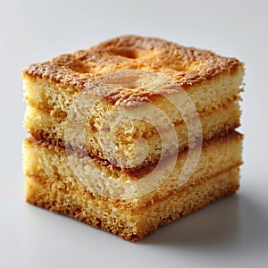 A square sponge cake on a white background, showing off its softness and delicate texture.