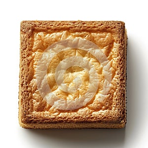 A square sponge cake on a white background, showing off its softness and delicate texture.