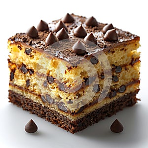 A square sponge cake on a white background, showing off its softness and delicate texture.