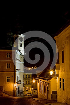 Square of St. Trinity with town hall at night, Banska Stiavnica