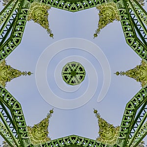 Square Symmetrical repeating photo created from doubling a photo of a green bridge in California