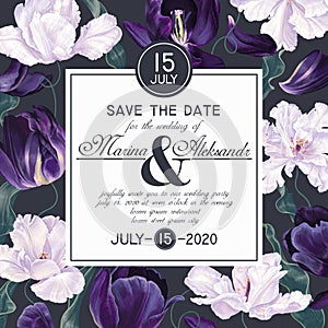 Square template with floral background or frame. Dark purple and white tulips.