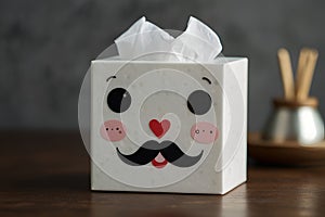 Square Tissue Charm Adorable Face Design Box a wooden box with a tissue in it that says hello kitty