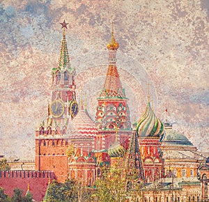 Square toned image of Spasskaya Tower in Moscow Kremlin