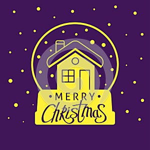 A square vector christmas image with a snow sphere. Merry christmas lettering for holiday design. Christmas icon in gold and purpl