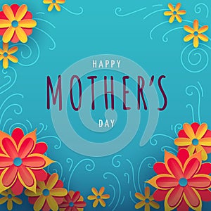 Square vector illustration for mothers day with typography, colorful flowers and floral ornament on background. Illustration with