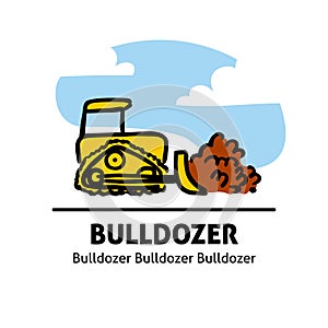 A square vector image of a bulldozer on a building. Outline doodle illustration. A cute cartoon design
