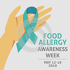 A square vector image with a teal ribbon as a symbol of a food allergy awareness. A world allergy day. A template for a medicine f