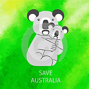 A square vector image with a text Save Australian wildlife and a koala with a cub. Environment protection illustration. Forest and