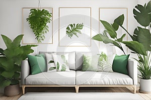 Square vertical frame mockup in boho style room interior. Generative AI