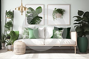 Square vertical frame mockup in boho style room interior. Generative AI