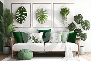 Square vertical frame mockup in boho style room interior. Generative AI