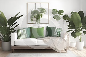 Square vertical frame mockup in boho style room interior. Generative AI