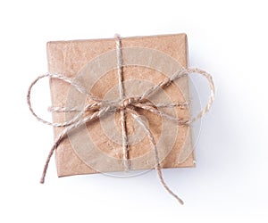 Square vintage brown gift box with bow isolated