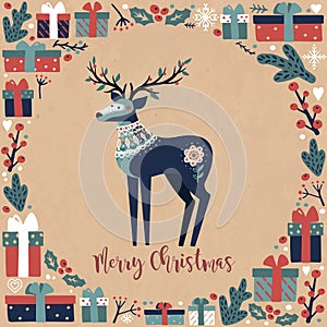 Square Vintage Christmas postcard with a deer, gifft boxes and the inscription MERRY CHRISTMAS