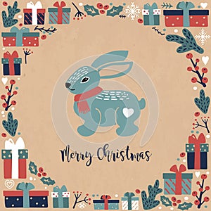 Square Vintage Christmas postcard with a hare, gifft boxes and the inscription MERRY CHRISTMAS