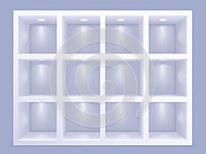 Square wall shelves with lighting. Grid cell showcase shelving with decorative lamps, empty library shelf or furniture
