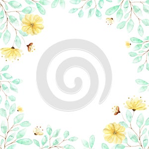 A square watercolor frame with soft yellow flowers and twigs of green leaves, a composition of summer flowers on a white