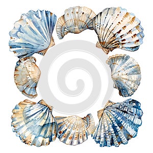 square watercolor sea shell frame in muted blues and beige empty in the middle on a white background