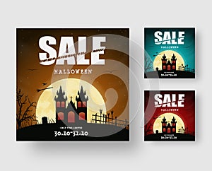 Square web banner design for Halloween sale with dark castle on