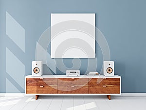 Square white canvas Mockup hanging on the Blue wall, hi fi micro system on bureau