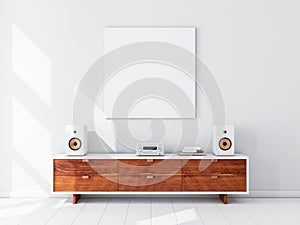 Square white canvas Mockup hanging on the wall, hi fi micro system on bureau