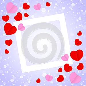 Square white frame and red pink heart shape for template banner valentines card background, many hearts shape on purple gradient