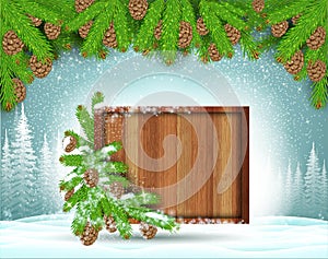 Square wood border stand on snow under fir tree branch on winter frost landscape. Christmas horizontal background