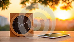 Wooden clock and tablet at sunset
