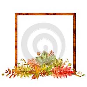 Square Wooden Frame with Autumnal Leaf Vignette.