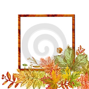 Square Wooden Frame Decorated with Autumnal Leaves Vignette.