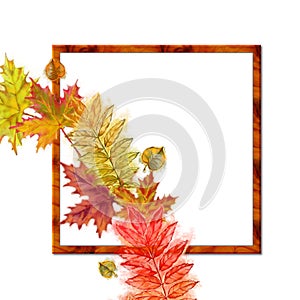 Square Wooden Frame Decorated with Fall Leaf Wreath.